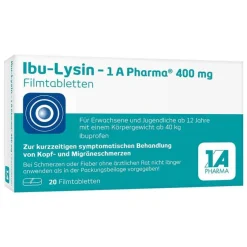 1A Pharma Migräne Tabletten|Kopfschmerztabletten-Ibu-Lysin – 1 A Pharma 400 mg Filmtabletten, 20 St